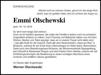 Traueranzeige von Emmi Olschewski von Pasewalker Zeitung