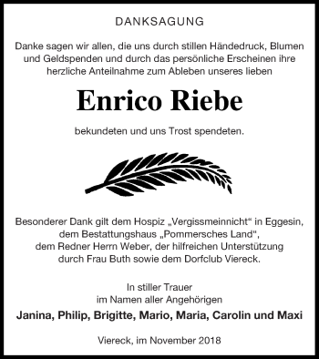 Traueranzeige von Enrico Riebe von Pasewalker Zeitung