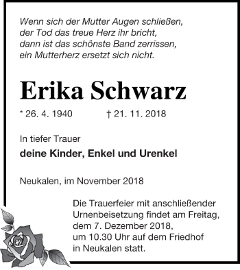 Traueranzeige von Erika Schwarz von Mecklenburger Schweiz