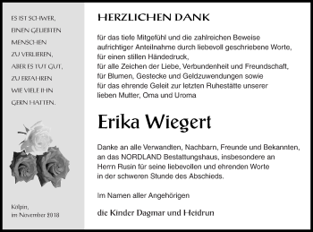 Traueranzeige von Erika Wiegert von Mecklenburger Schweiz