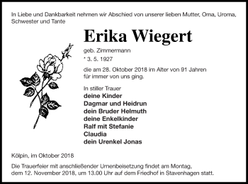 Traueranzeige von Erika Wiegert von Mecklenburger Schweiz