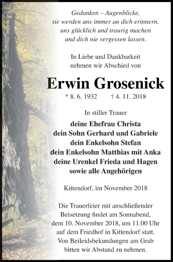 Traueranzeige von Erwin Grosenick von Vorpommern Kurier