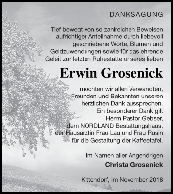 Traueranzeige von Erwin Grosenick von Vorpommern Kurier