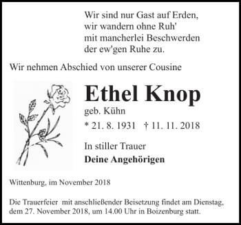 Traueranzeige von Ethel Knop von Hagenower Kreisblatt