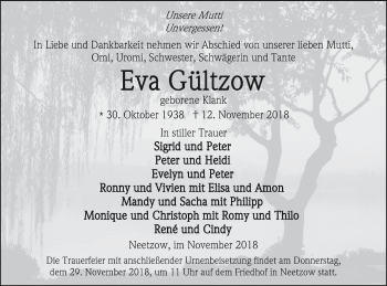 Traueranzeige von Eva Gültzow von Vorpommern Kurier