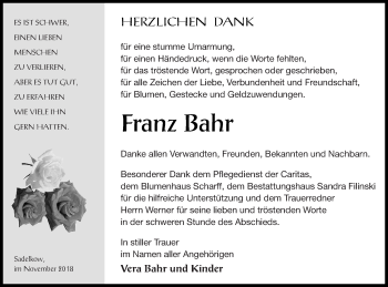 Traueranzeige von Franz Bahr von Neubrandenburger Zeitung