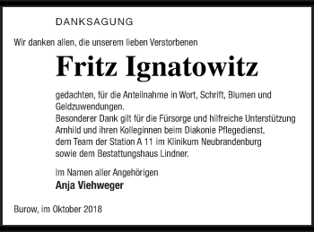 Traueranzeige von Fritz Ignatowitz von Neubrandenburger Zeitung