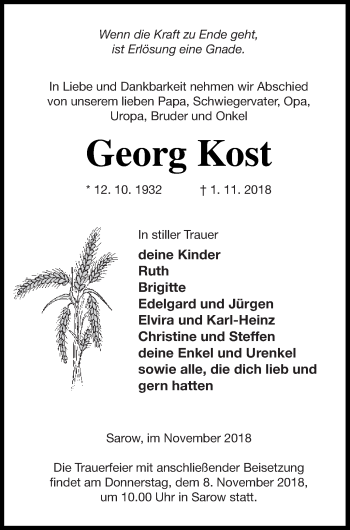 Traueranzeige von Georg Kost von Demminer Zeitung