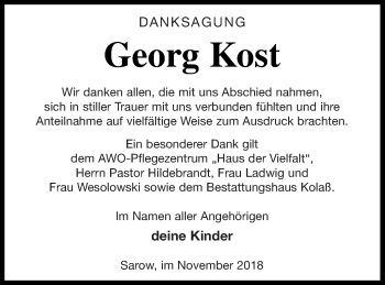 Traueranzeige von Georg Kost von Demminer Zeitung