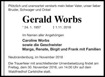 Traueranzeige von Gerald Worbs von Neubrandenburger Zeitung