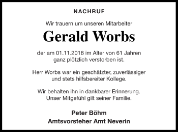 Traueranzeige von Gerald Worbs von Neubrandenburger Zeitung