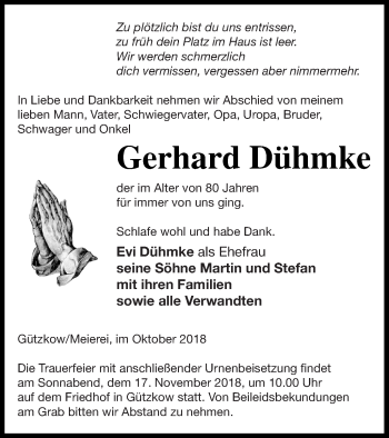 Traueranzeige von Gerhard Dühmke von Neubrandenburger Zeitung