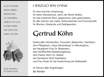 Traueranzeige von Gertrud Köhn von Neubrandenburger Zeitung