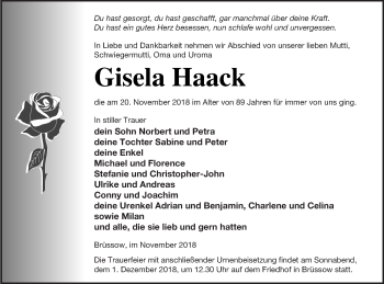 Traueranzeige von Gisela Haack von Prenzlauer Zeitung