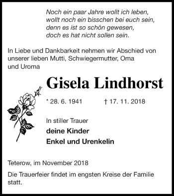 Traueranzeige von Gisela Lindhorst von Mecklenburger Schweiz