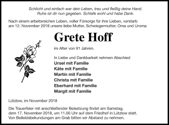 Traueranzeige von Grete Hoff von Prenzlauer Zeitung