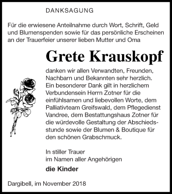 Traueranzeige von Grete Krauskopf von Vorpommern Kurier