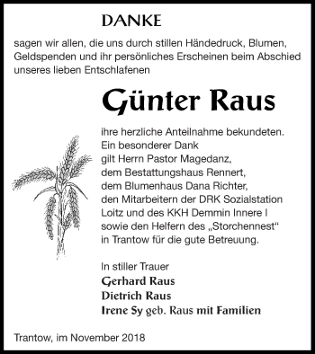 Traueranzeige von Günter Raus von Vorpommern Kurier