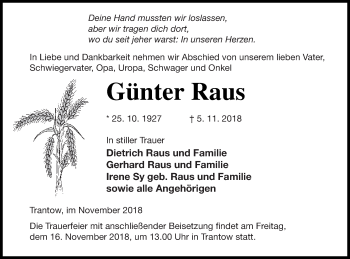 Traueranzeige von Günter Raus von Vorpommern Kurier