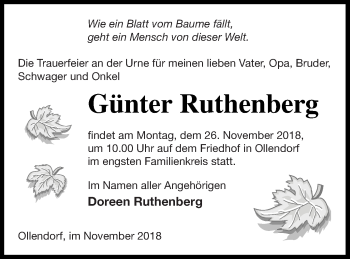 Traueranzeige von Günter Ruthenberg von Strelitzer Zeitung