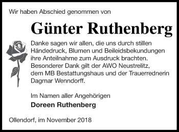 Traueranzeige von Günter Ruthenberg von Strelitzer Zeitung