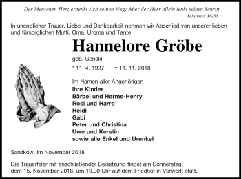 Traueranzeige von Hannelore Gröbe von Demminer Zeitung