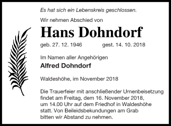 Traueranzeige von Hans Dohndorf von Pasewalker Zeitung