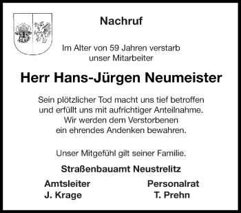 Traueranzeige von Hans-Jürgen Neumeister von Nordkurier Gesamtausgabe