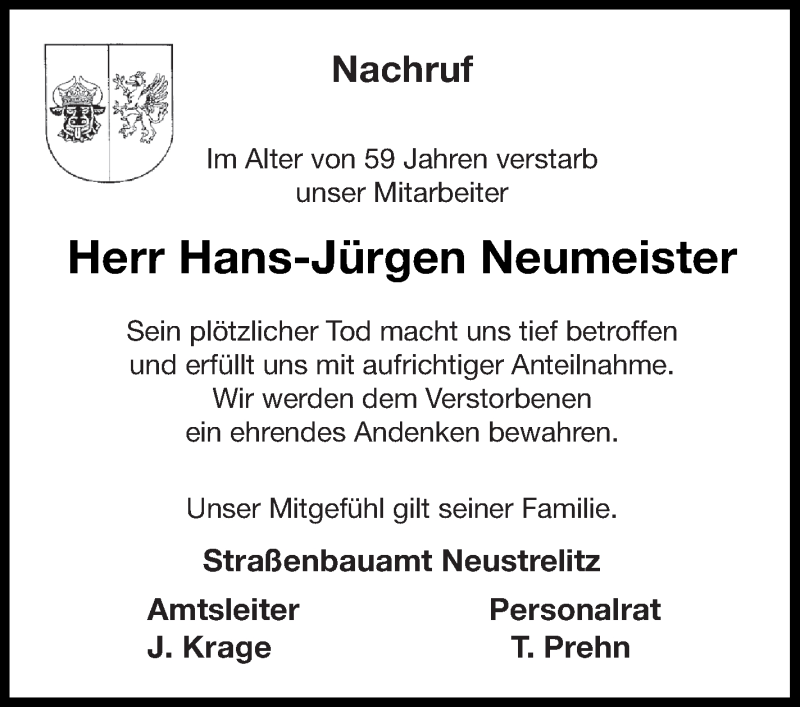  Traueranzeige für Hans-Jürgen Neumeister vom 24.11.2018 aus Nordkurier Gesamtausgabe