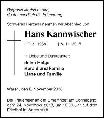 Traueranzeige von Hans Kannwischer von Müritz-Zeitung