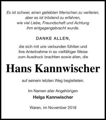 Traueranzeige von Hans Kannwischer von Müritz-Zeitung