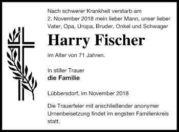 Traueranzeige von Harry Fischer von Neubrandenburger Zeitung