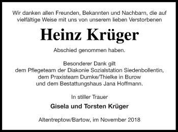 Traueranzeige von Heinz Krüger von Neubrandenburger Zeitung