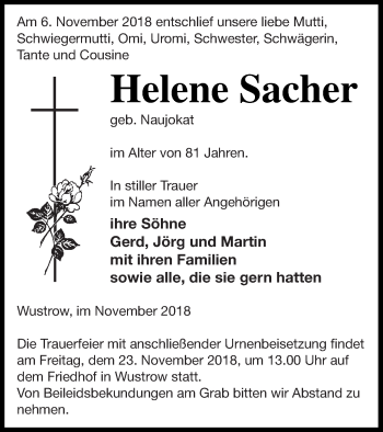 Traueranzeige von Helene Sacher von Strelitzer Zeitung