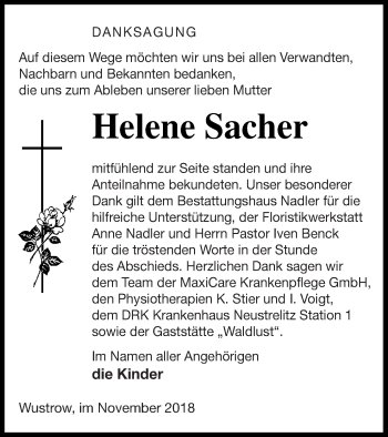 Traueranzeige von Helene Sacher von Strelitzer Zeitung