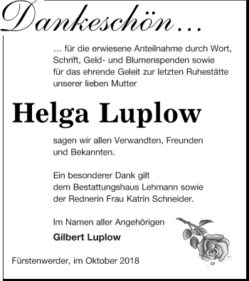 Traueranzeige von Helga Luplow von Prenzlauer Zeitung