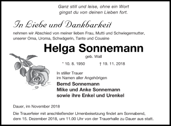 Traueranzeige von Helga Sonnemann von Prenzlauer Zeitung