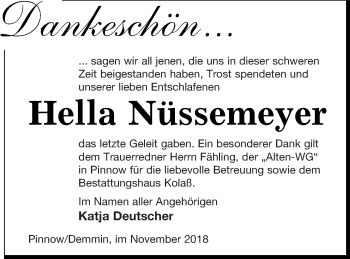 Traueranzeige von Hella Nüssemeyer von Demminer Zeitung