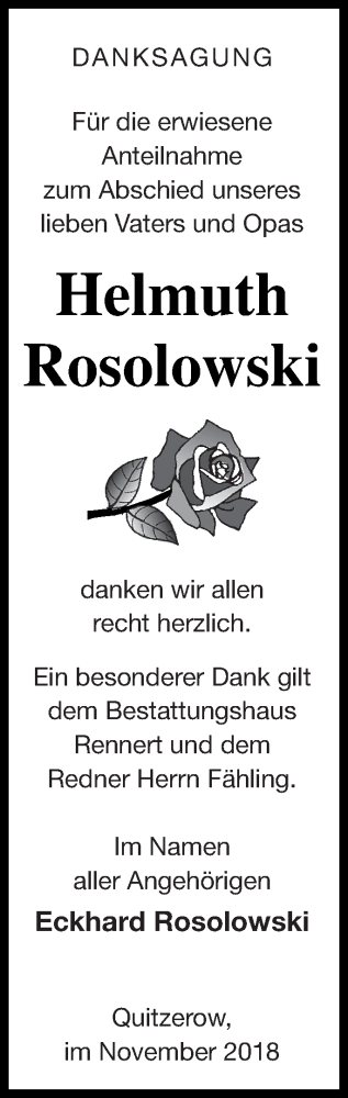 Traueranzeige von Helmuth Rosolowski von Demminer Zeitung