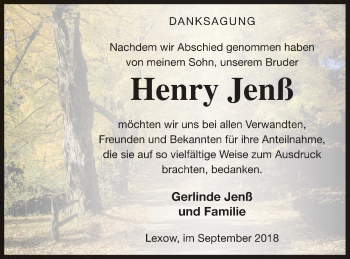 Traueranzeige von Henry Jenß von Müritz-Zeitung