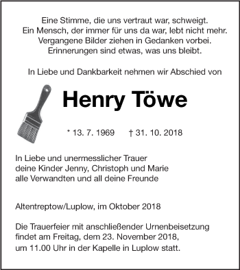 Traueranzeige von Henry Töwe von Neubrandenburger Zeitung