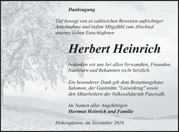 Traueranzeige von Herbert Heinrich von Pasewalker Zeitung