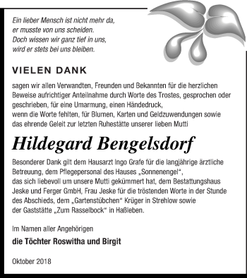 Traueranzeige von Hildegard Bengelsdorf von Prenzlauer Zeitung