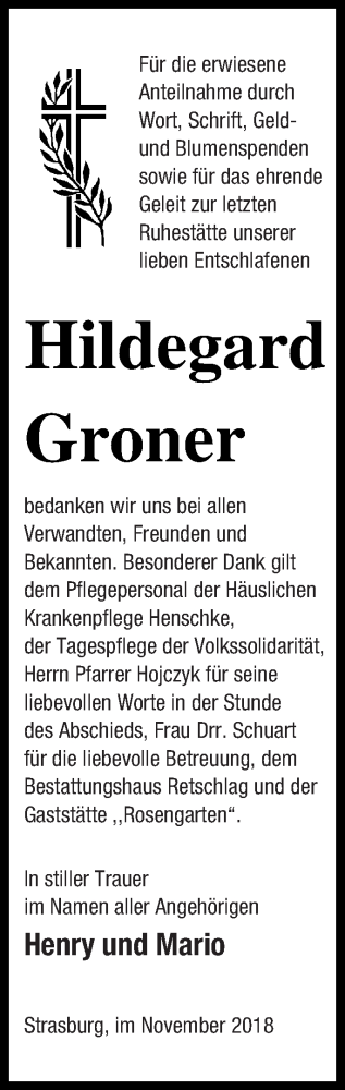 Traueranzeige von Hildegard Groner von Pasewalker Zeitung