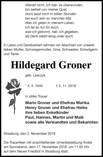 Traueranzeige von Hildegard Groner von Pasewalker Zeitung