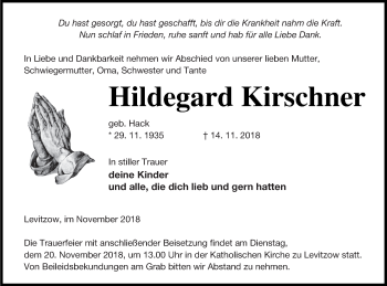 Traueranzeige von Hildegard Kirschner von Mecklenburger Schweiz