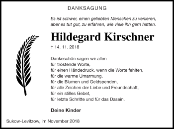 Traueranzeige von Hildegard Kirschner von Mecklenburger Schweiz