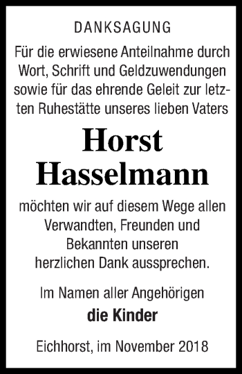 Traueranzeige von Horst Hasselmann von Neubrandenburger Zeitung