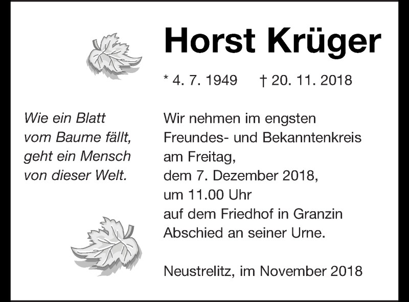  Traueranzeige für Horst Krüger vom 30.11.2018 aus Strelitzer Zeitung