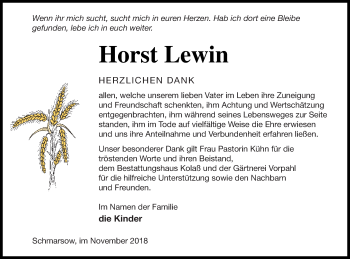 Traueranzeige von Horst Lewin von Vorpommern Kurier